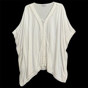 Bindya New York Caftan White Pom Poms Crochet Resortwear Cruise Boho Lace Up O/S